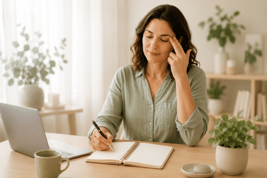 Person practicing EFT tapping while journaling in a calm home workspace after training.
