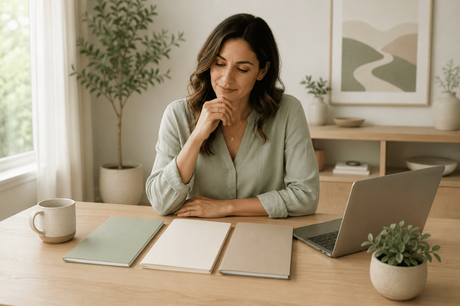 Person reviewing different EFT training materials at a clean desk with notebooks and a laptop.