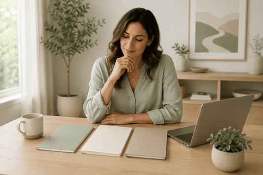 Person reviewing different EFT training materials at a clean desk with notebooks and a laptop.