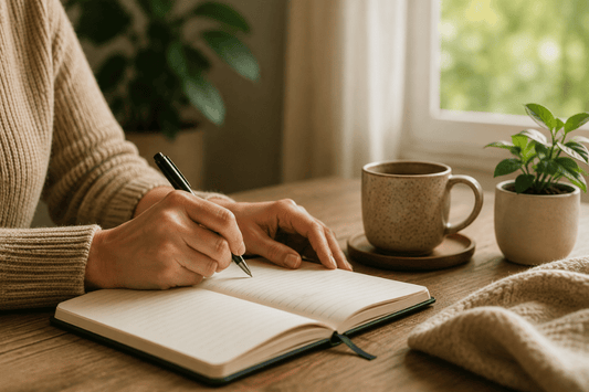 Person writing in a notebook beside tea and a small plant during a calm EFT learning session.