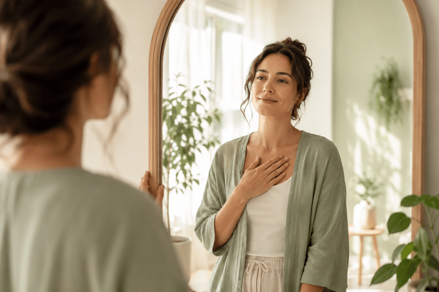 Person using a gentle self-reflection practice in front of a mirror with one hand on their chest.