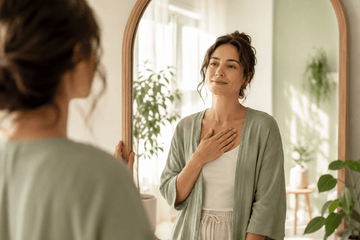 Person using a gentle self-reflection practice in front of a mirror with one hand on their chest.