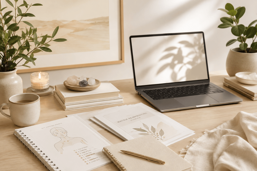 Calm workspace with EFT tapping notes and Matrix Reimprinting study materials
