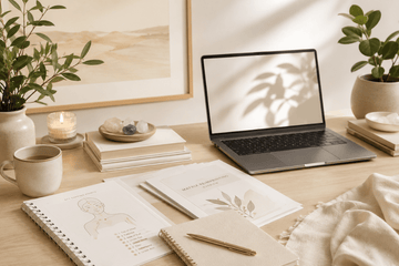 Calm workspace with EFT tapping notes and Matrix Reimprinting study materials