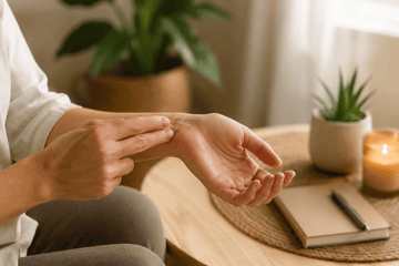 Close-up of a person gently tapping on their wrist in a peaceful room with plants and a candle.