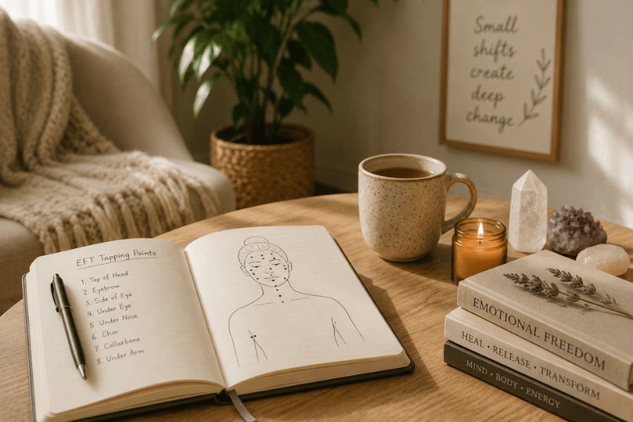 Open notebook with EFT tapping points beside tea, crystals, candles, and mindfulness books.