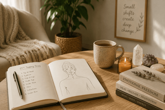 Open notebook with EFT tapping points beside tea, crystals, candles, and mindfulness books.