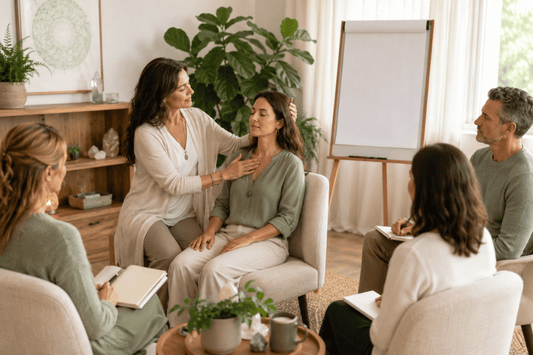 Small practitioner training group observing a guided emotional wellness technique in a peaceful classroom setting.