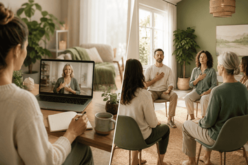 Split scene showing online EFT training on a laptop and an in-person group training session.