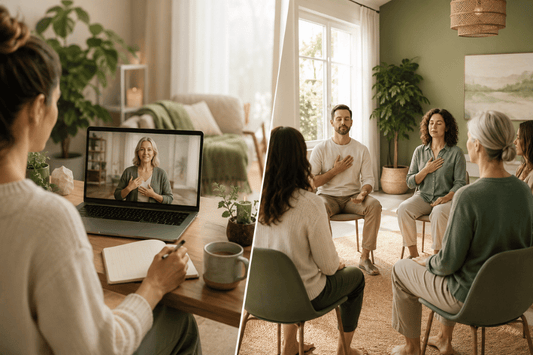 Split scene showing online EFT training on a laptop and an in-person group training session.
