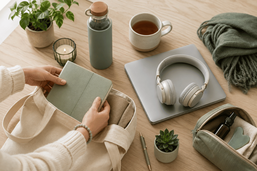 Calm training preparation scene with a notebook, headphones, tea, and learning materials on a wooden table.