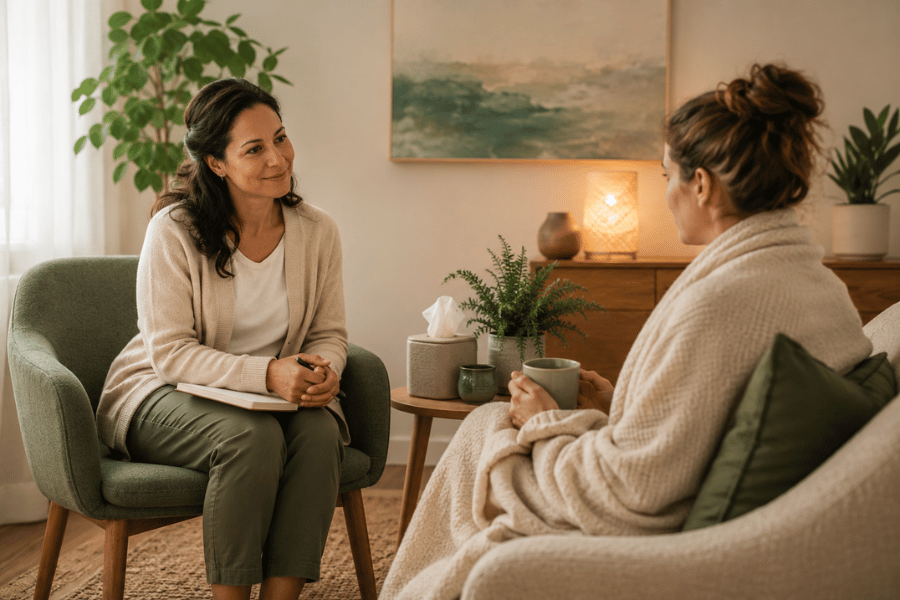 Supportive one-on-one conversation in a warm, calming space with notebooks and soft natural light.