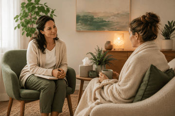 Supportive one-on-one conversation in a warm, calming space with notebooks and soft natural light.