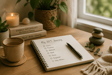 Cozy desk scene with an EFT learning notebook, warm tea, plants, books, and calming natural light.