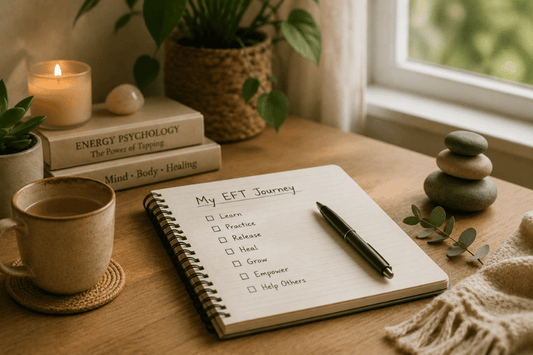 Cozy desk scene with an EFT learning notebook, warm tea, plants, books, and calming natural light.